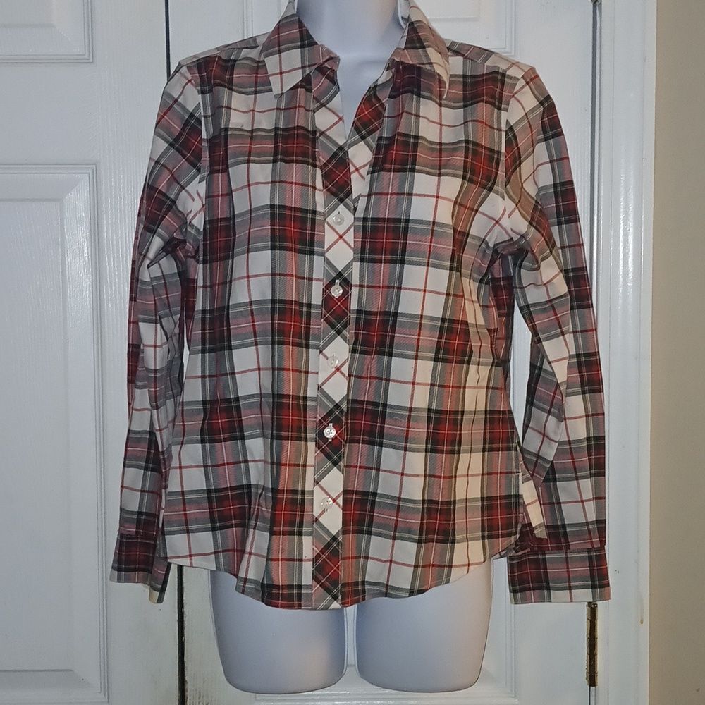 Christine Investments Petites Gold Label Non-Iron Plaid button down Sz 8P NWOT